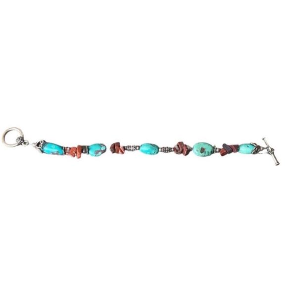 Turquoise and Red Stone Silver Tone Bracelet - Picture 3 of 3